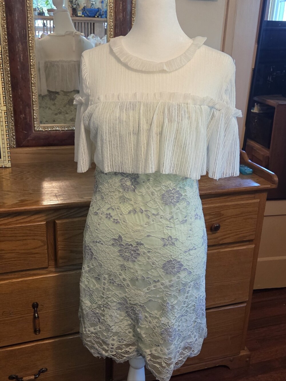 Baby Doll White Ruffle Top & Pale Green Lace Dress - Feminine Two-Piece Look